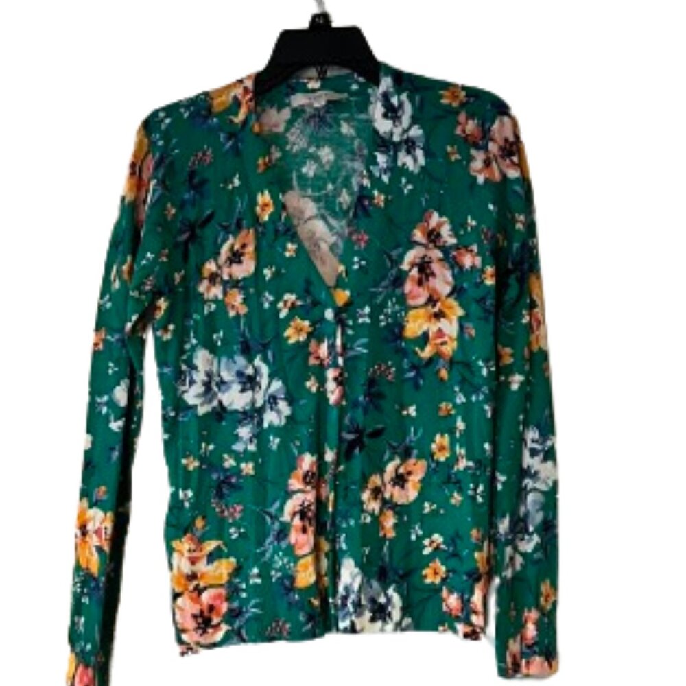 Loft Green Floral V Neck Long Sleeve Cardigan - Medium
